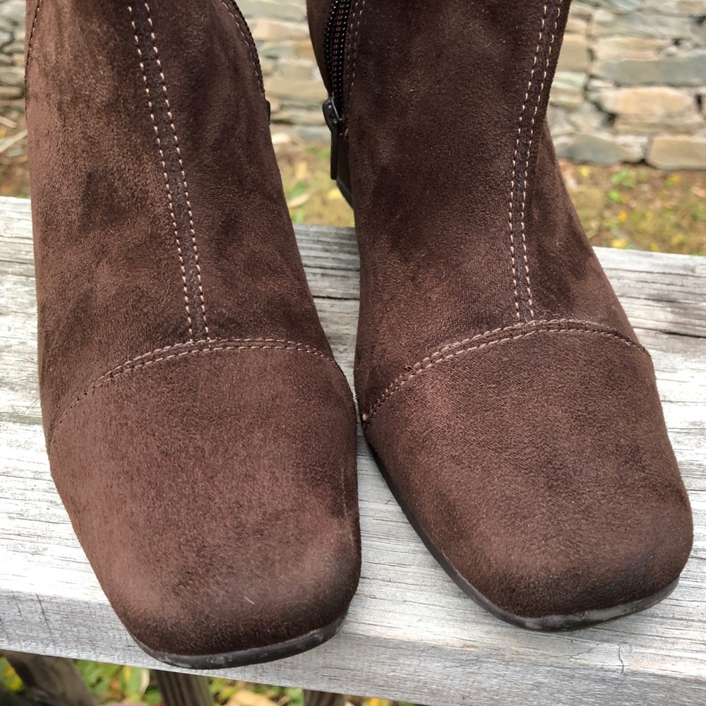 Brown suede wedge heel boots